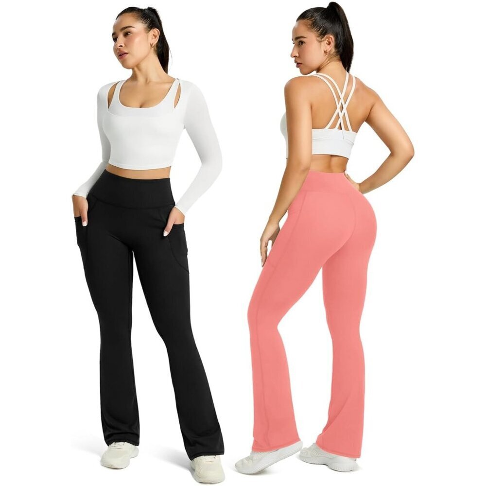 Women's Pink Polyester Blend Flared High Waisted Bell Bottom Yoga Dress Pants - Picture 6 of 6